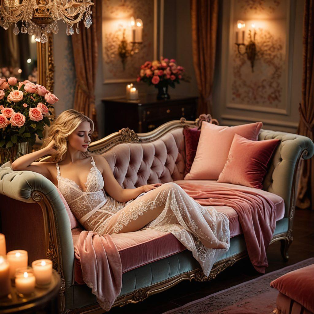 A luxurious bedroom scene featuring a delicate lace lingerie set displayed elegantly on a plush velvet chaise lounge, surrounded by soft candlelight and blooming roses. The ambient lighting creates a warm and inviting atmosphere, emphasizing the intricate details of the fabric. A large mirror reflects the setting, adding depth and sophistication to the composition. super-realistic. vibrant colors. soft focus.