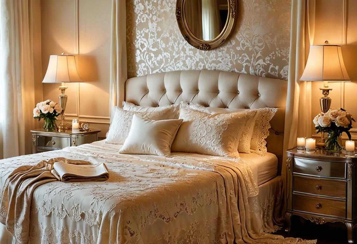 A luxurious bedroom setting featuring elegant and sophisticated intimate wear displayed artfully on a vintage lace bedspread. Soft, diffused lighting creates a romantic and sensual atmosphere, highlighting delicate fabrics like silk and lace. Include a touch of elegance with a vintage mirror reflecting soft floral arrangements. The scene conveys intimacy and style, invoking desire and sophistication. super-realistic. warm tones. soft lighting.